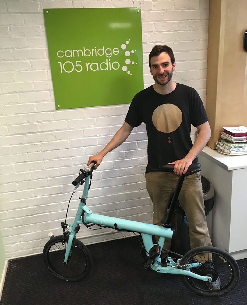Dave with FLIT-16 folding ebike at Cambridge Radio