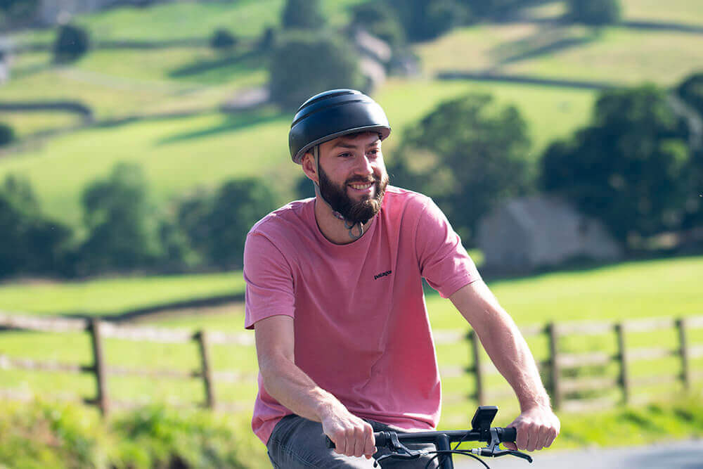 FLIT-16 folding ebike in the Yorkshire Dales, Closca Helmet