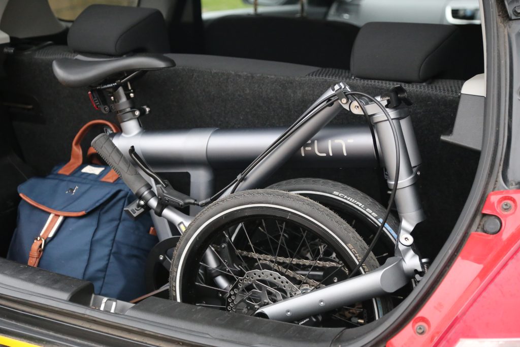 FLIT M2 folding ebike, folded in car boot