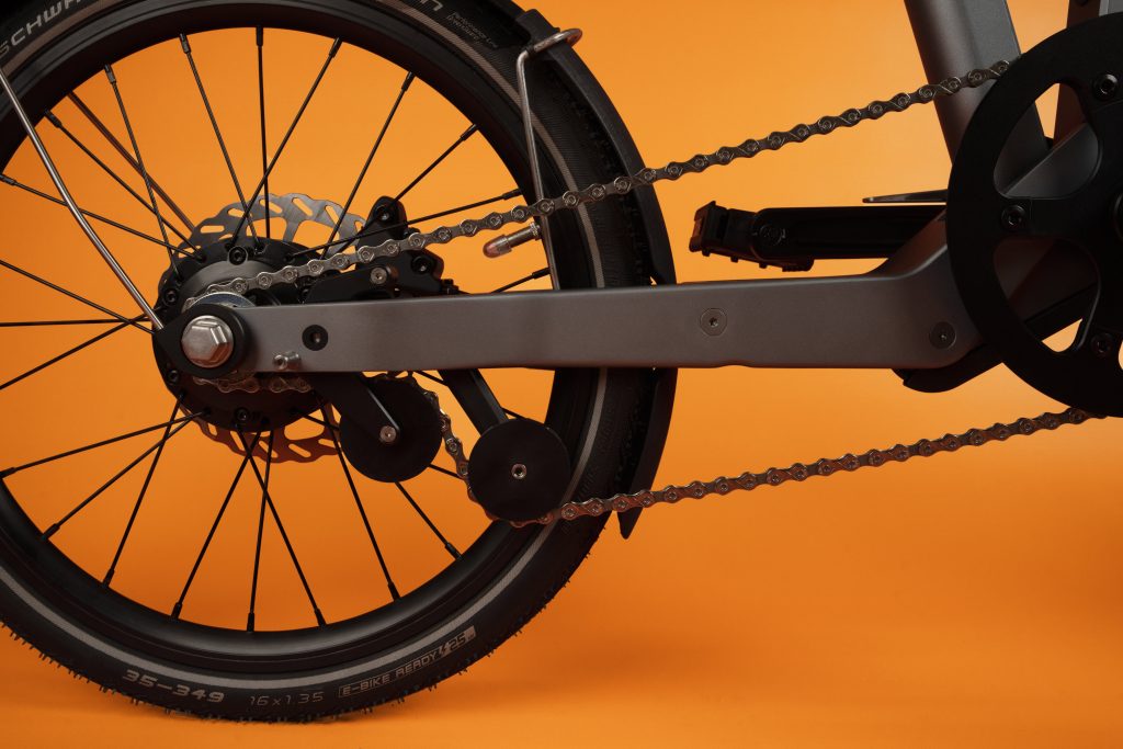 Close up of the rear swing arm and motor